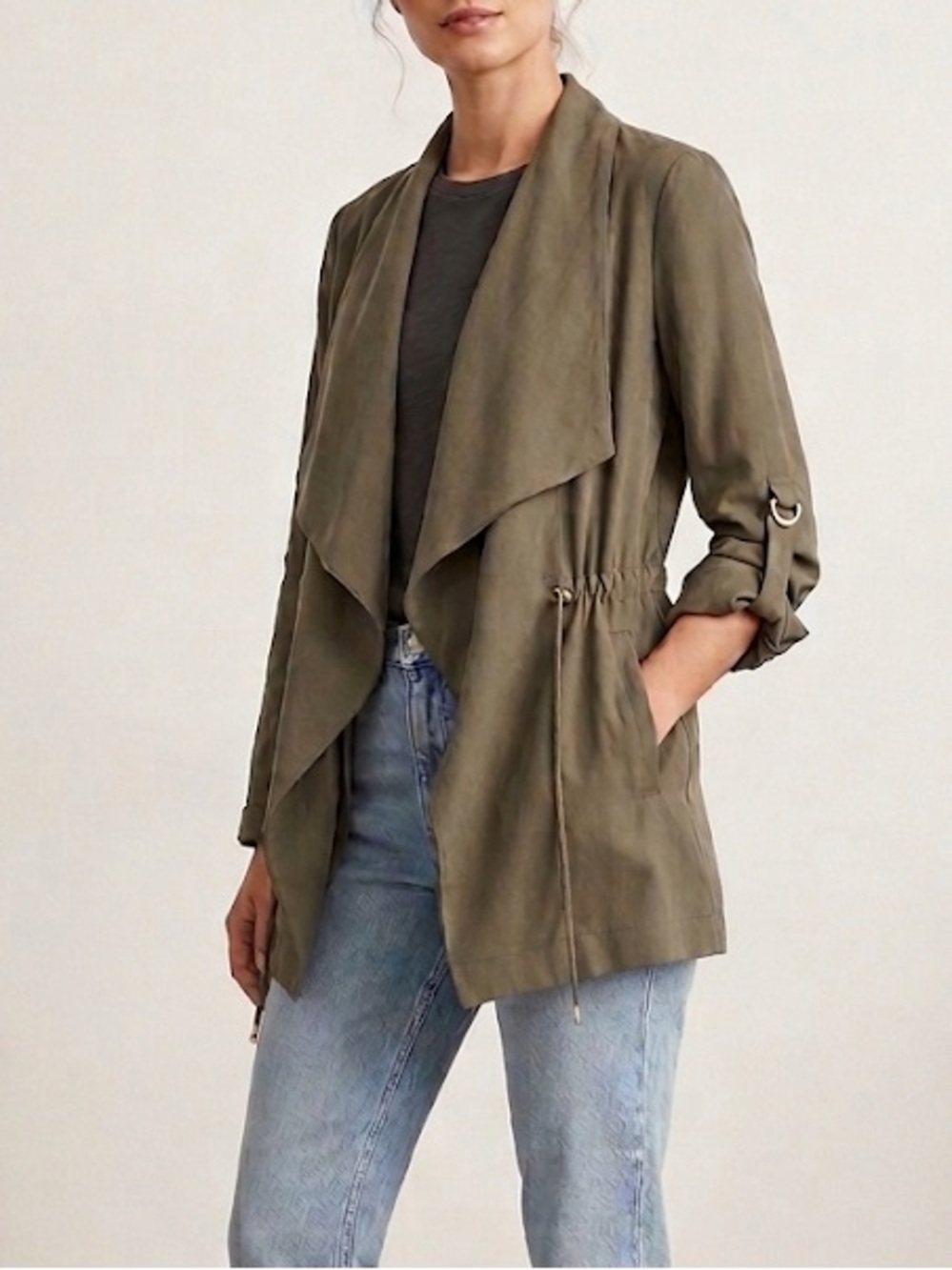 ZARA Utility Style Drape Front Jacket Khaki Green Size Small Roll Up Sleeves